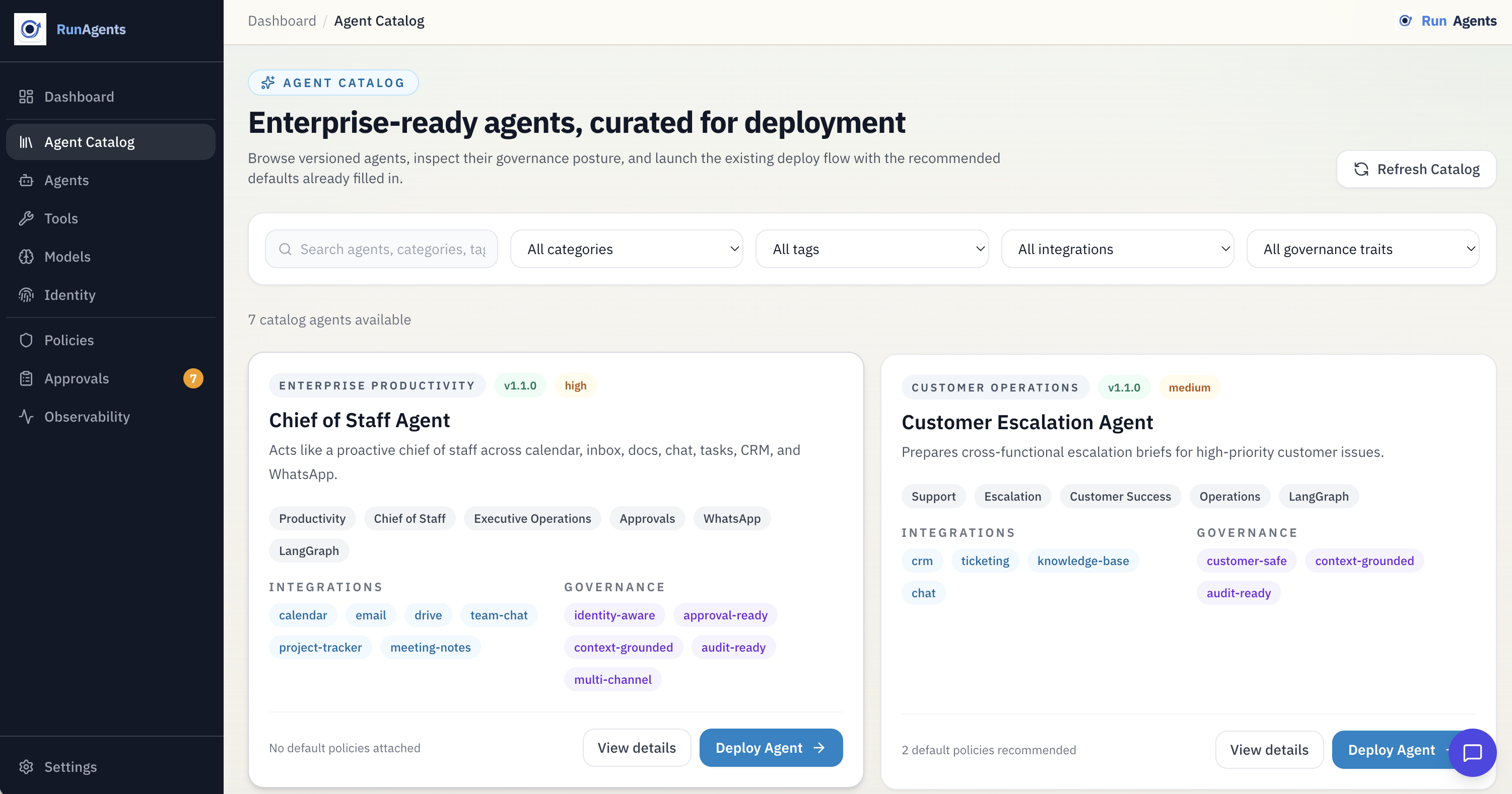 RunAgents agent catalog view