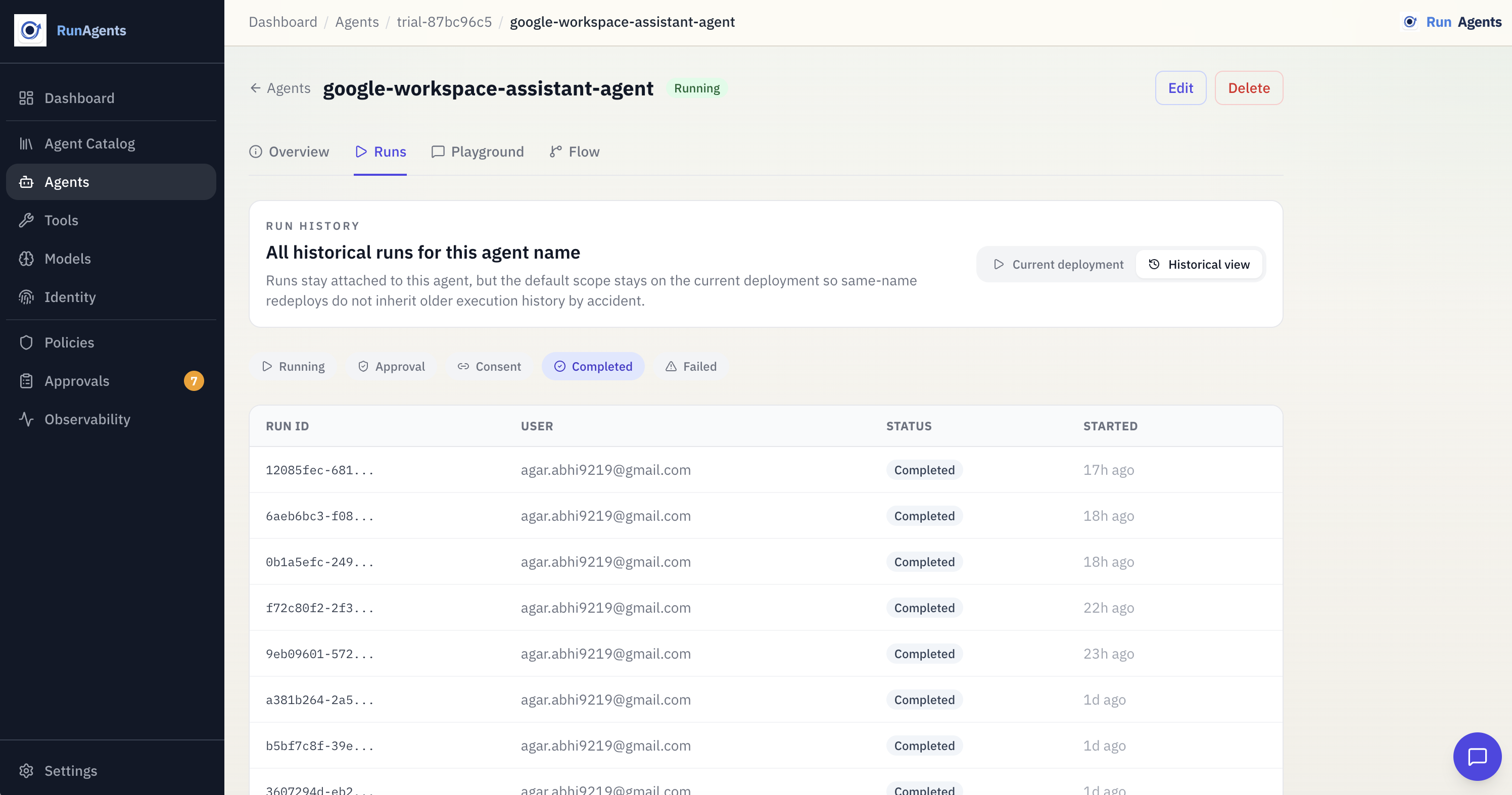 Agent detail page showing runs