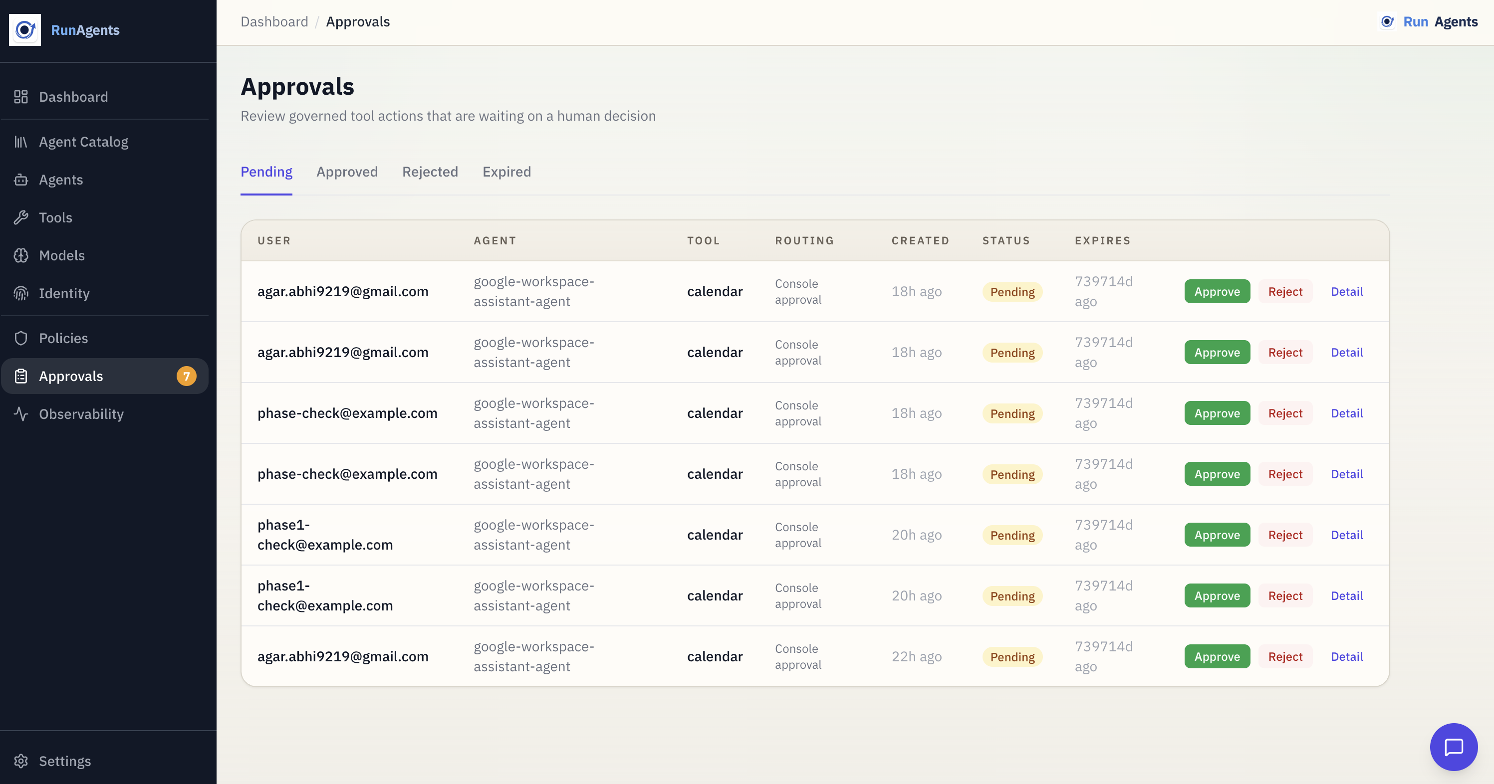 RunAgents approvals queue
