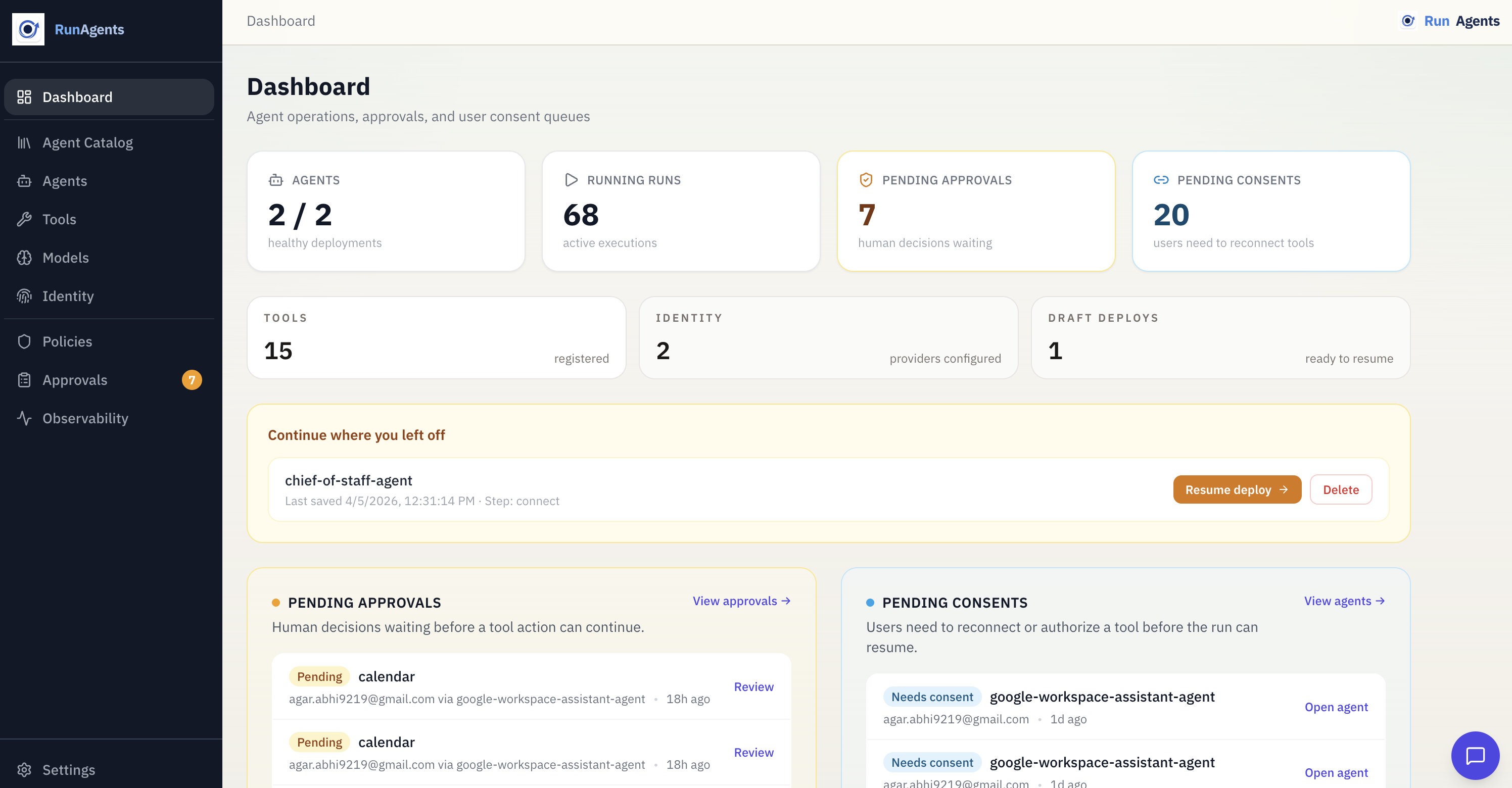 RunAgents dashboard overview