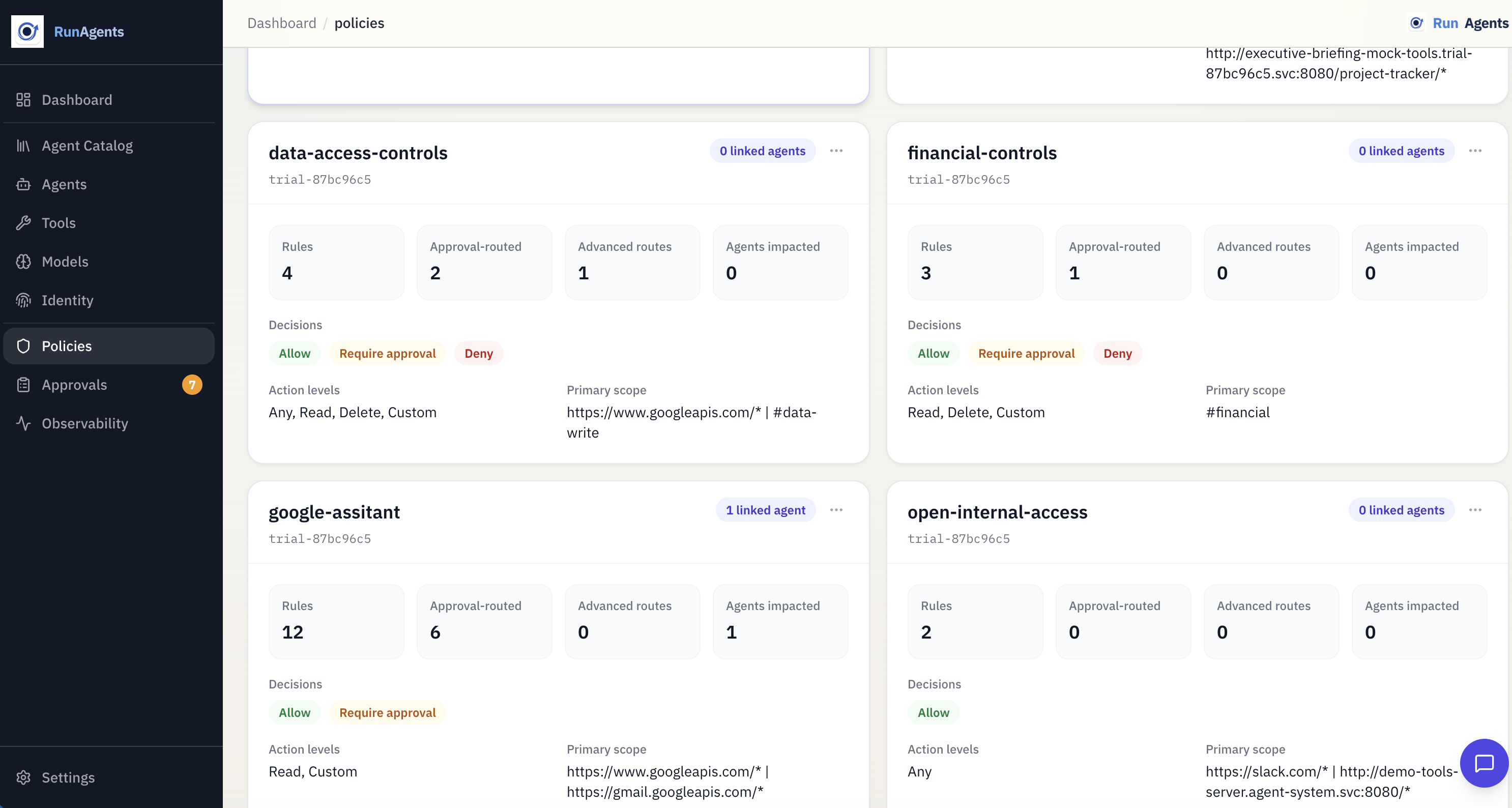 RunAgents policies view