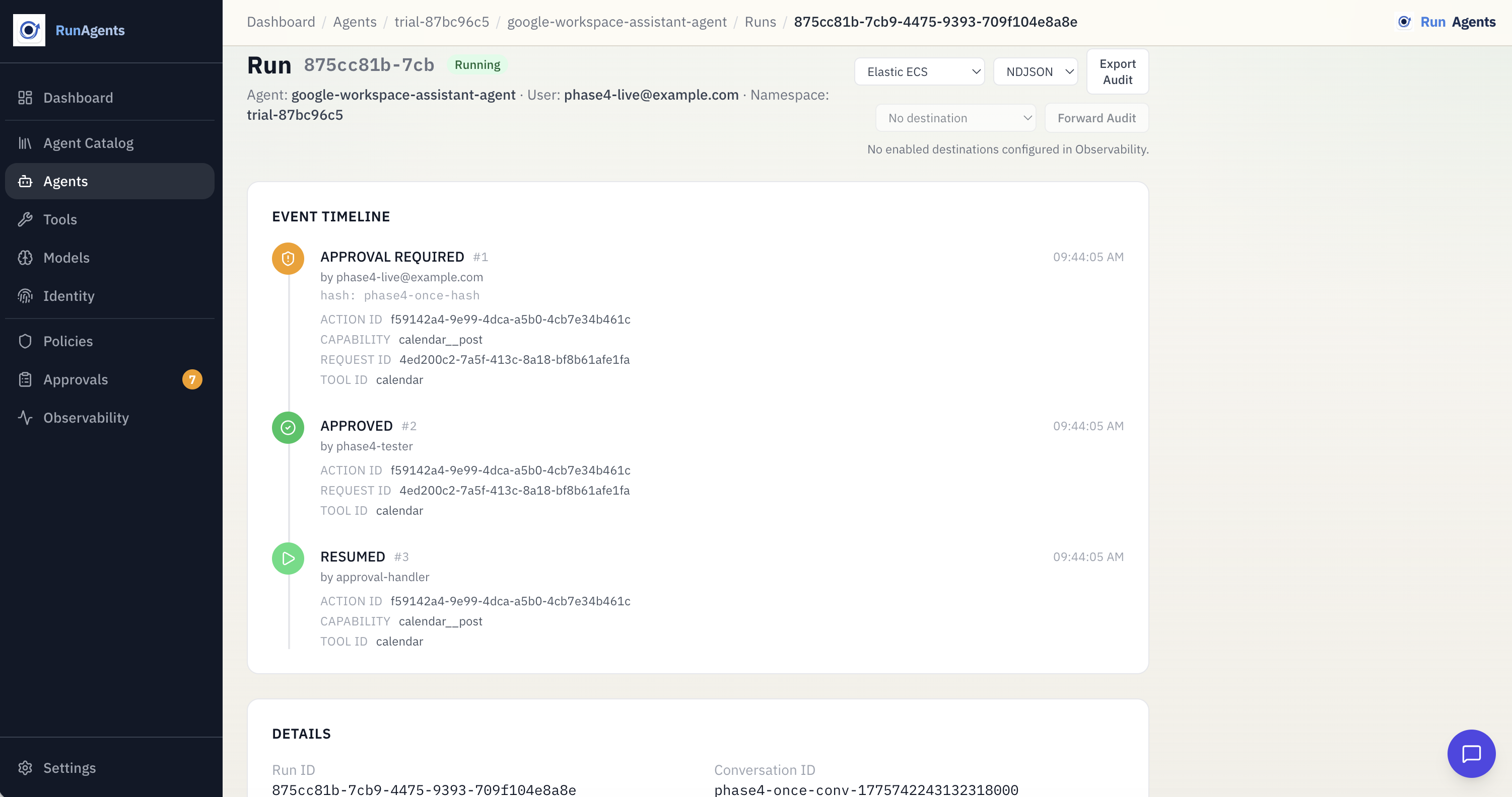 Run detail timeline showing approval-required and resumed execution